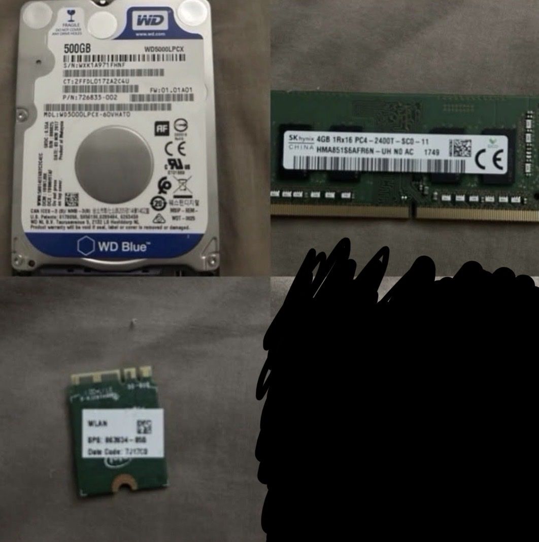WD Blue 500GB HDD, SK Hynix 4GB DDR4 RAM, and WLAN Card - Laptop Components
