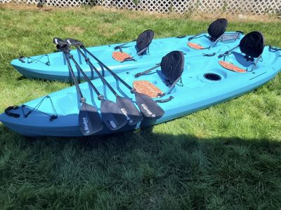 Set of 2 Lifetime Blue Sit-On-Top Tandem Kayaks with Paddles and Transport Cart
