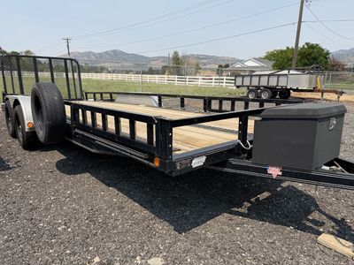 22 foot 10k GVWR PJ Trailers Heavy Duty Tandem Axle Utility Trailer with Rear Ramp Gate and Toolbox