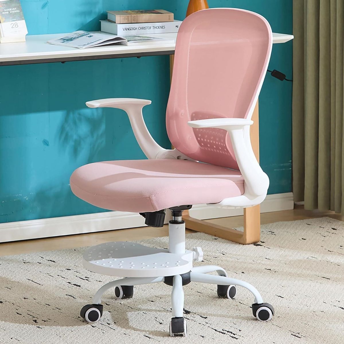 Kids Pink Desk Chair with Adjustable Arm Height Footrest Wheel Computer Home Office Chair for Children Boys Girls