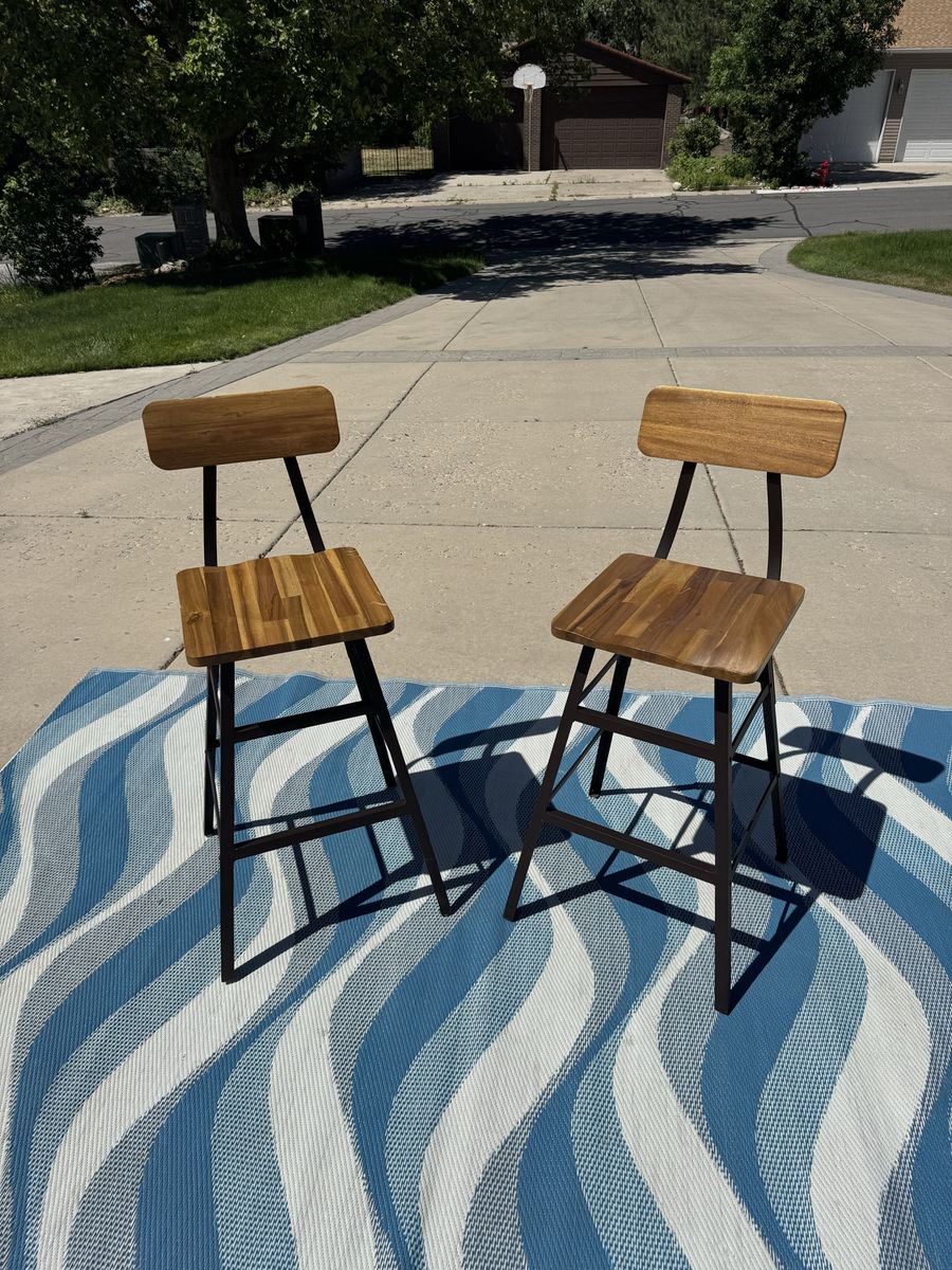 2x Acacia Wood and Metal Bar Stool Chairs