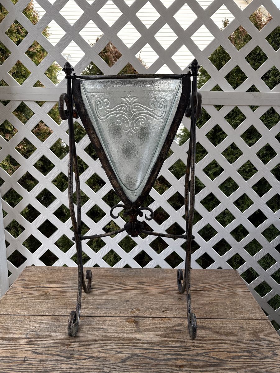 Tall Wrought Iron & Textured Glass Floor Vase / Planter – 31”