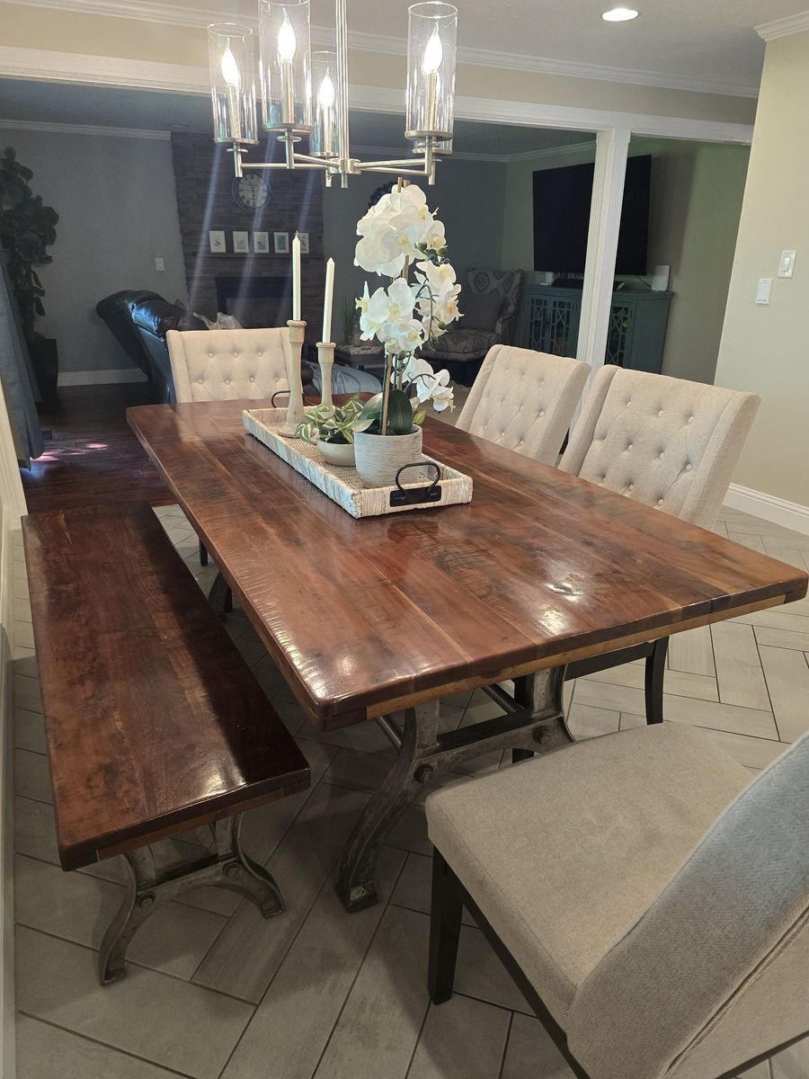 Table, bench, and chairs