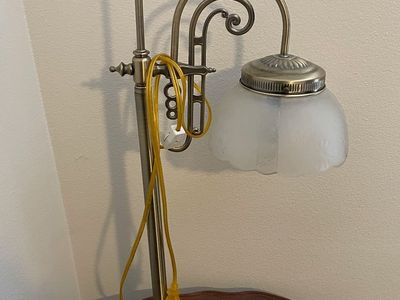 Vintage Art Nouveau Style Brass Bridge Table Lamp – Frosted Glass Shade