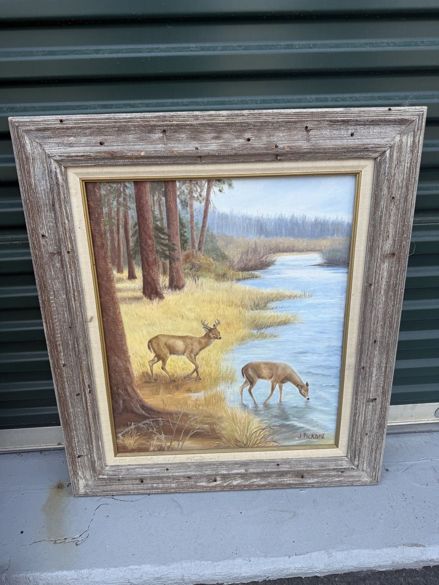 Vintage Framed Wildlife Oil Painting - Deer by River signed J. Pickard