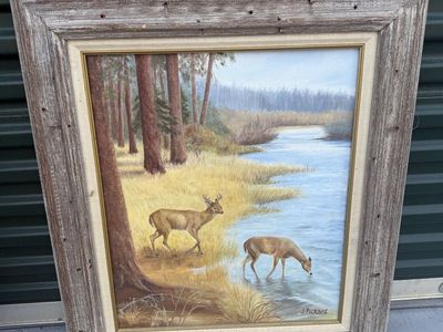 Vintage Framed Wildlife Oil Painting - Deer by River signed J. Pickard