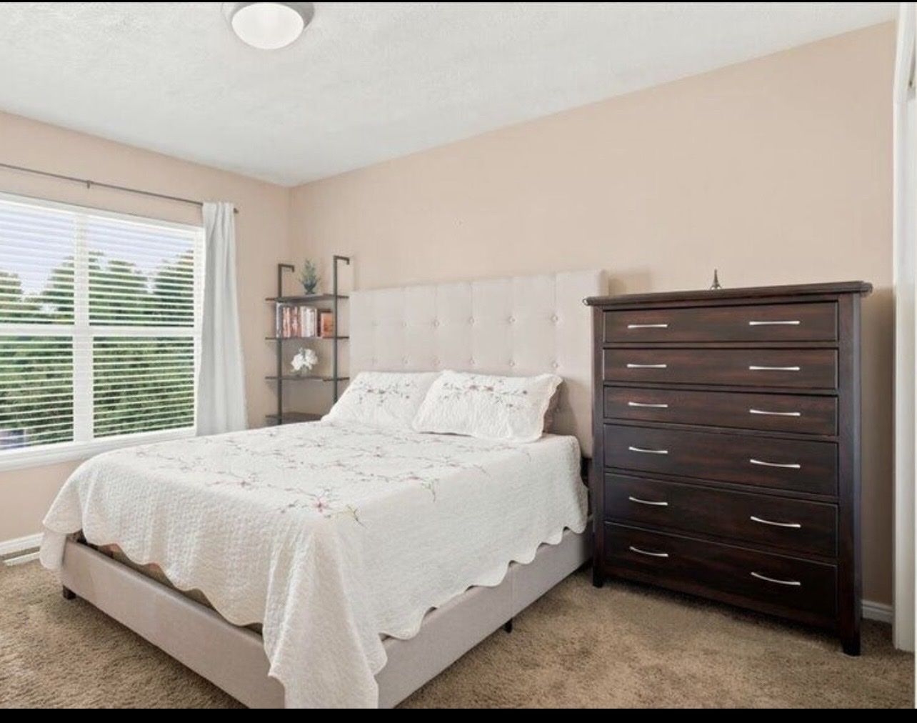 Queen Upholstered Bed with 6 Drawer Chest and Bookshelf (excellent condition mattress included)