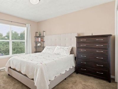 Queen Upholstered Bed with 6 Drawer Chest and Bookshelf (excellent condition mattress included)