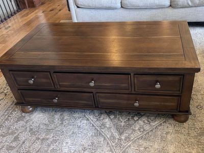 Solid Wood Coffee Table with Storage Drawers and End Table - Dark Brown Finish