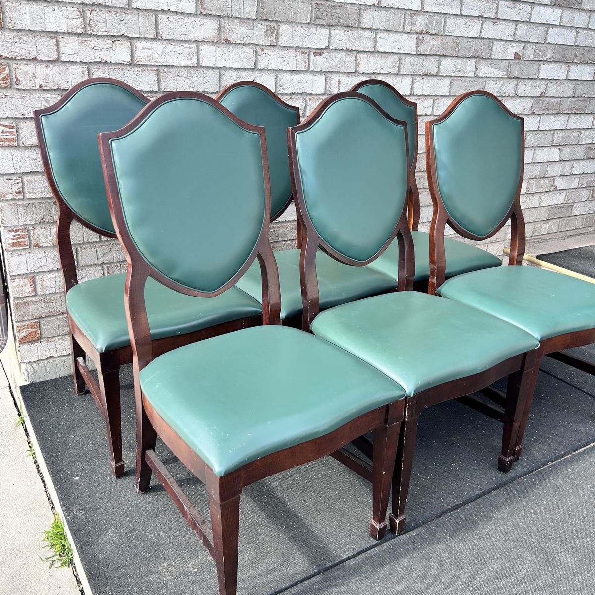 Set of 6 Vintage Shield Back Dining Chairs - Dark Wood & Green Vinyl Upholstery