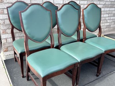 Set of 6 Vintage Shield Back Dining Chairs - Dark Wood & Green Vinyl Upholstery