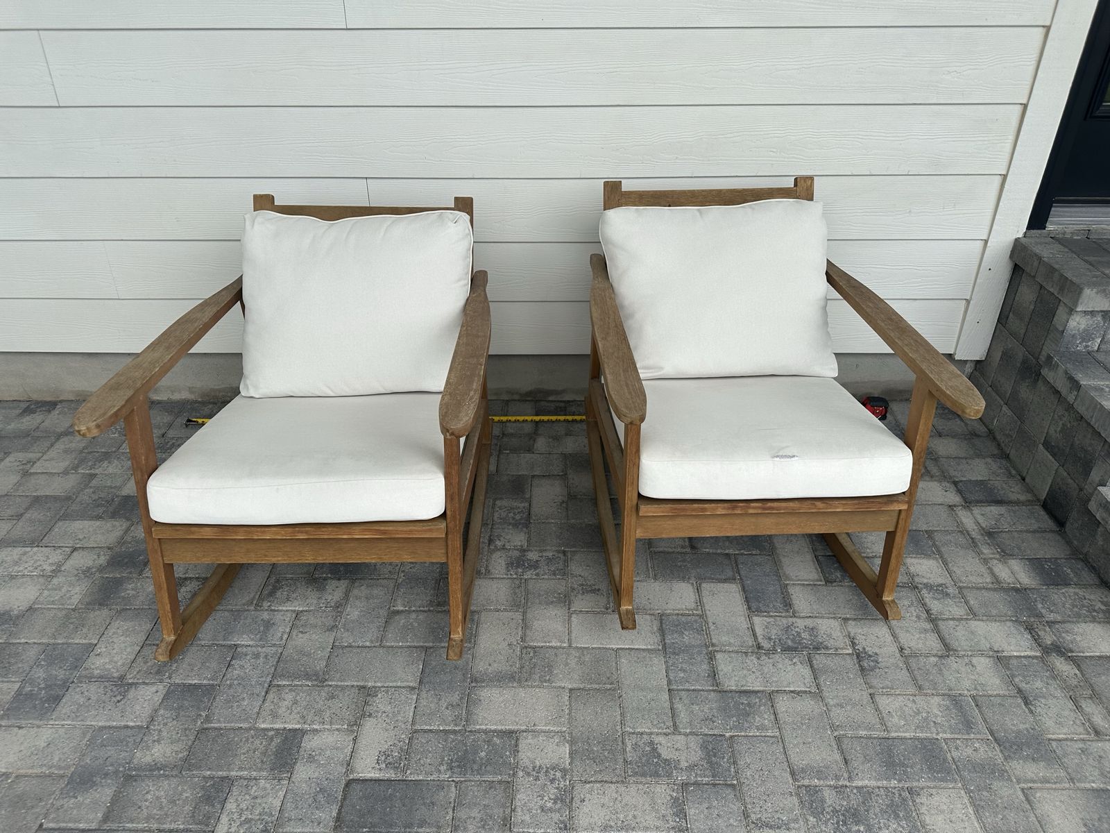Pair of Wood Patio Rocking Chairs with White Cushions - Outdoor Seating