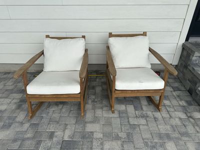 Pair of Wood Patio Rocking Chairs with White Cushions - Outdoor Seating