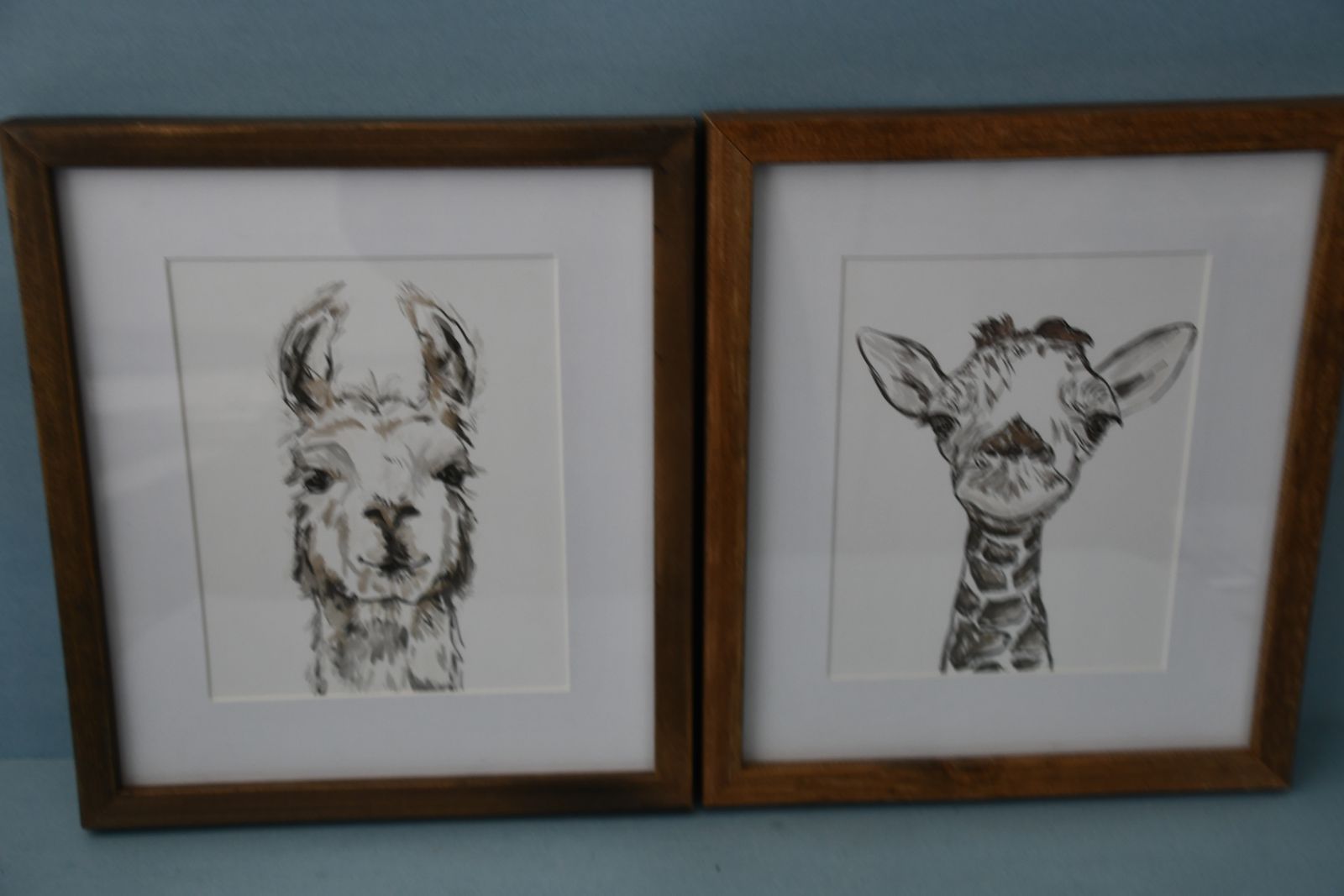 2 CUTE HOBBY LOBBY PICTURES ~ LLAMA & GIRAFFE ~ 10.5" x 12" ~ WOODEN FRAMES