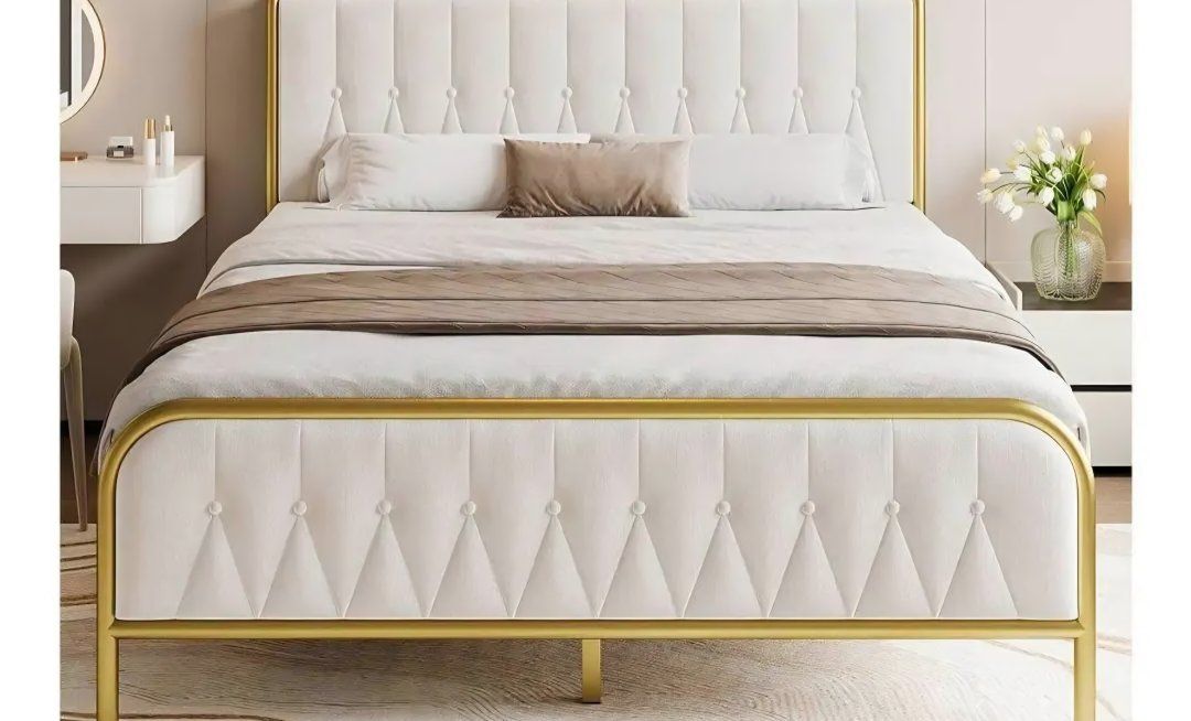 MUERE Full Size Velvet Platform Bed Frame with Upholstered Headboard & Footboard, beige