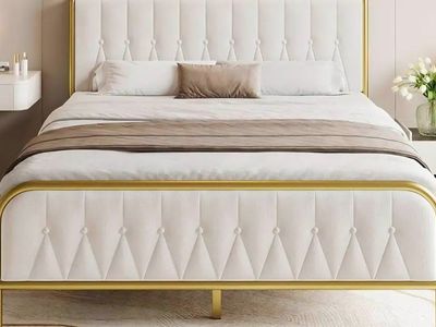 MUERE Full Size Velvet Platform Bed Frame with Upholstered Headboard & Footboard, beige