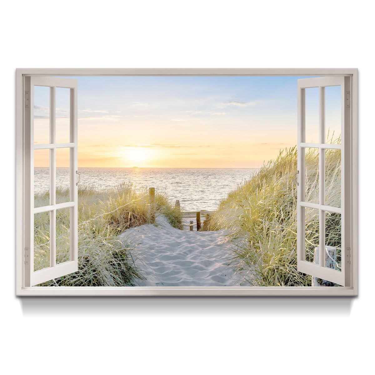 NEW 36x24 Open Window Canvas Wall Art: Sunset Coastal Beach Scene Picture Relaxing Ocean Sea