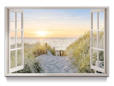 NEW 36x24 Open Window Canvas Wall Art: Sunset Coastal Beach Scene Picture Relaxing Ocean Sea