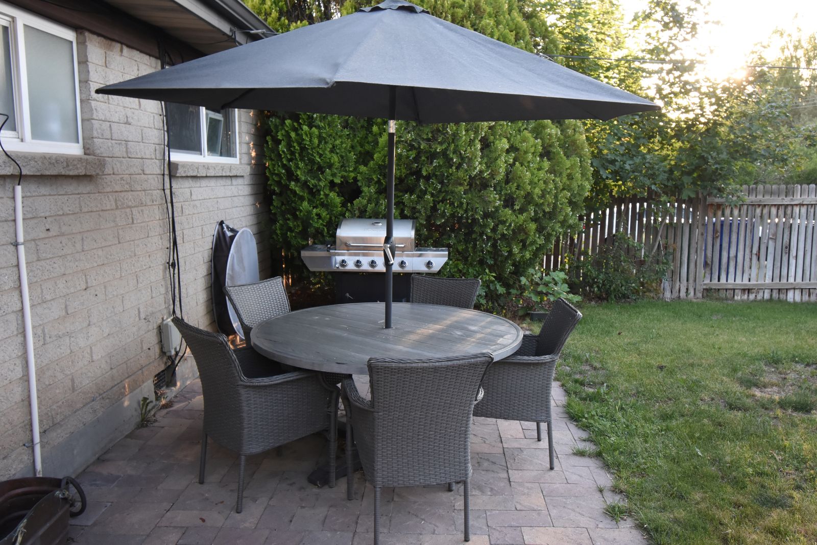 Hampton Bay Dining Table, Chairs, and Umbrella- Free grill included