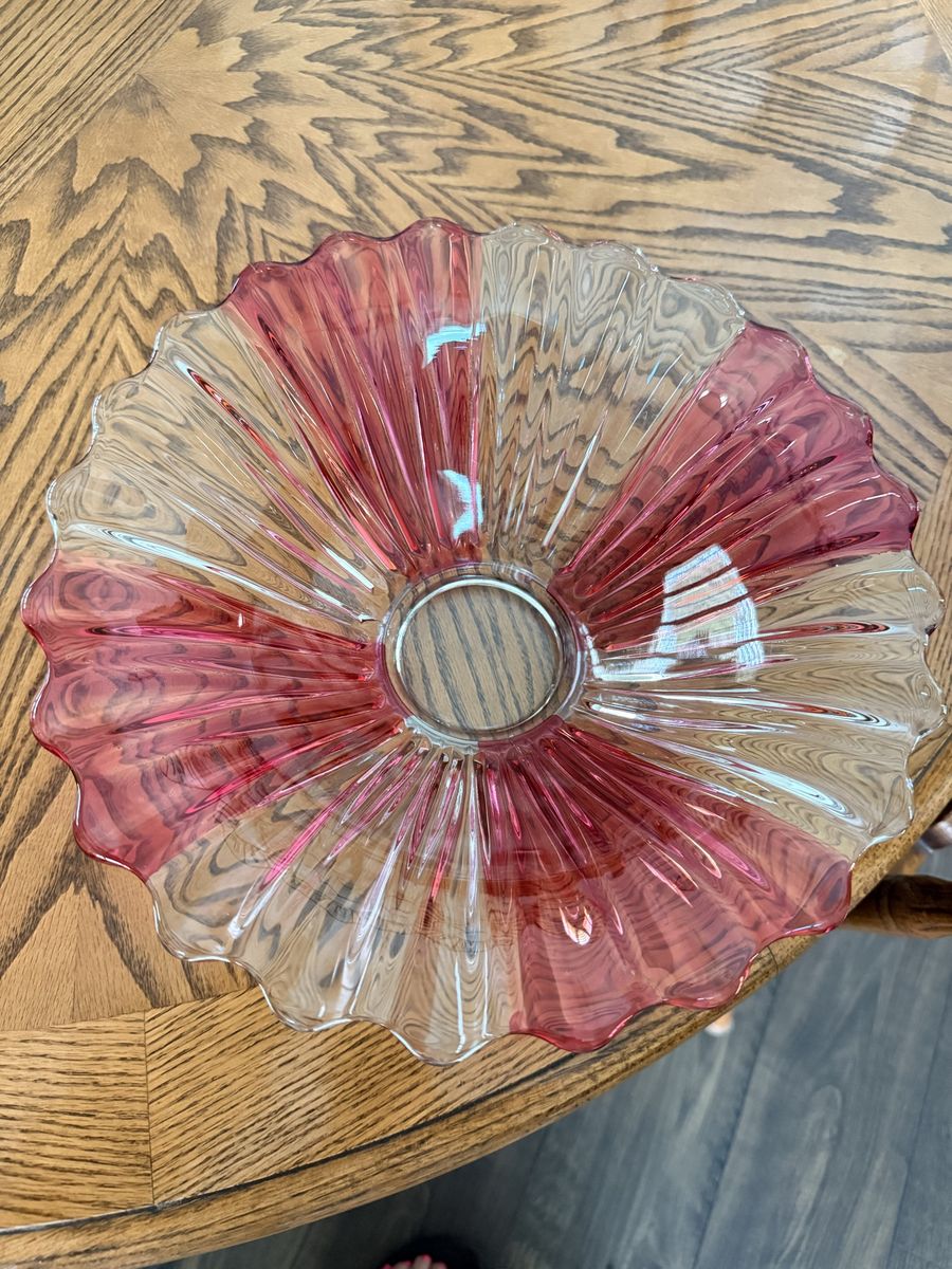 Vintage Clear & Red Scalloped Glass Bowl with Divided Center, Decorative Serving Dish