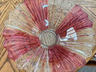 Vintage Clear & Red Scalloped Glass Bowl with Divided Center, Decorative Serving Dish