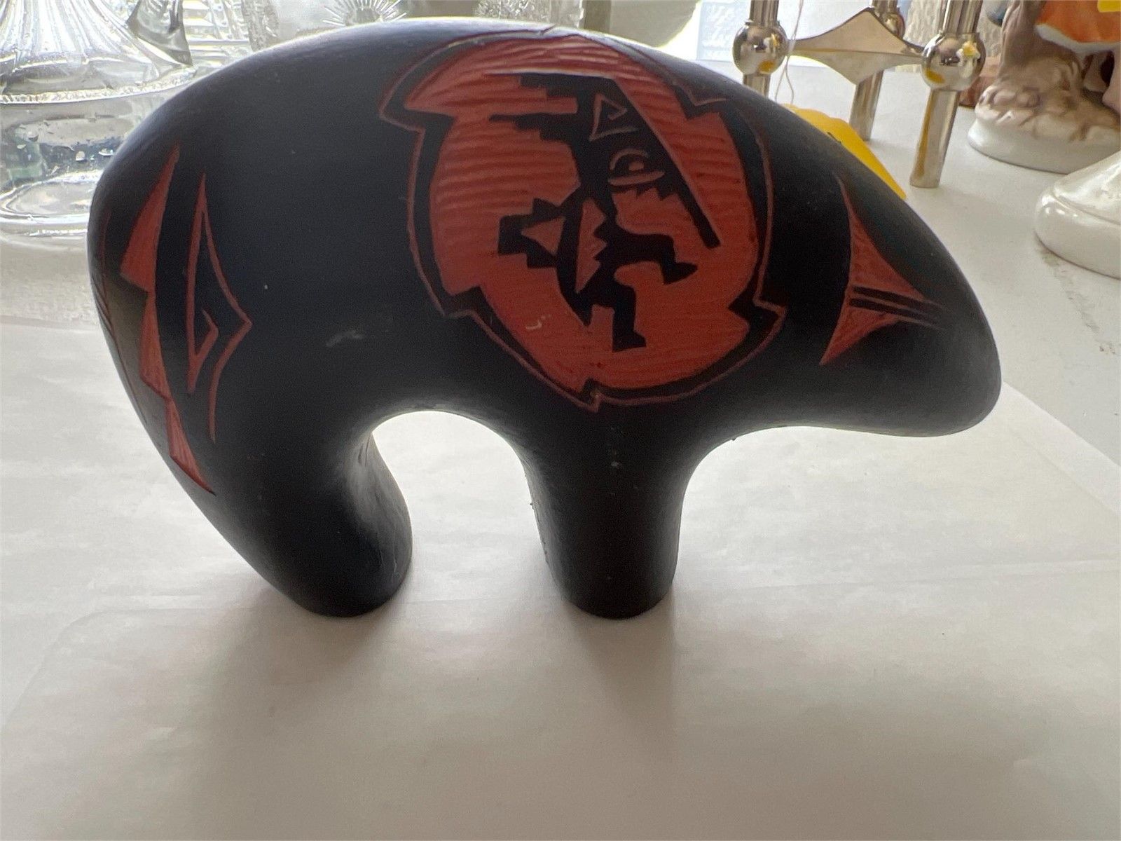 HANDMADE NAVAJO CERAMIC NATIVE AMERICAN POTTERY BLACK BEAR WITH ETCHED ORANGE KOKOPELLI DESIGN-EXCELLENT!!!