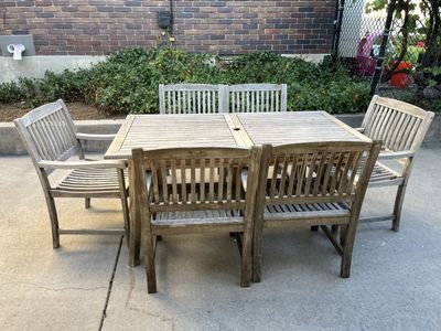 Rustic Teak Wopd Patio Set - Dining Table with Extension Leaf and 6 Chairs