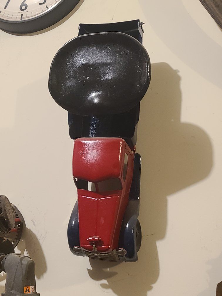 Antique Metal Toy Dump Truck Red and Blue Used Condition