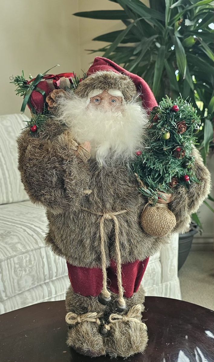 Rustic Fur Santa Claus Christmas Tabletop Figure with Tree and Toy Bag 20"T