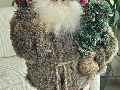 Rustic Fur Santa Claus Christmas Tabletop Figure with Tree and Toy Bag 20"T