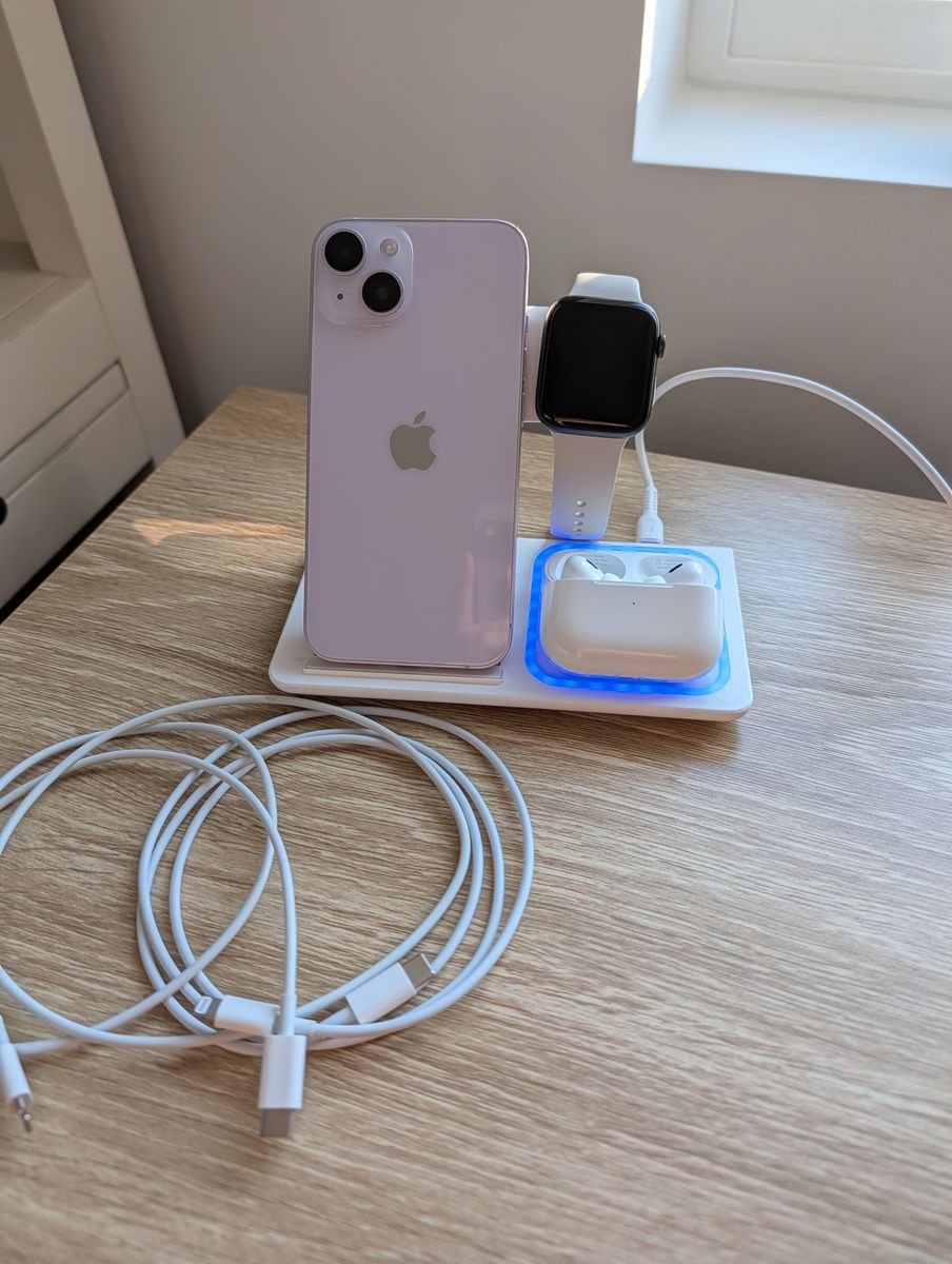 iPhone 14 purple 128GB, AirPods Pro 2nd Gen, and Apple Watch SE 44mm Space Gray 32GB