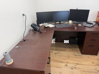Executive L-Shaped Desk, Dark Wood Finish, Built-in Storage, Cable Management