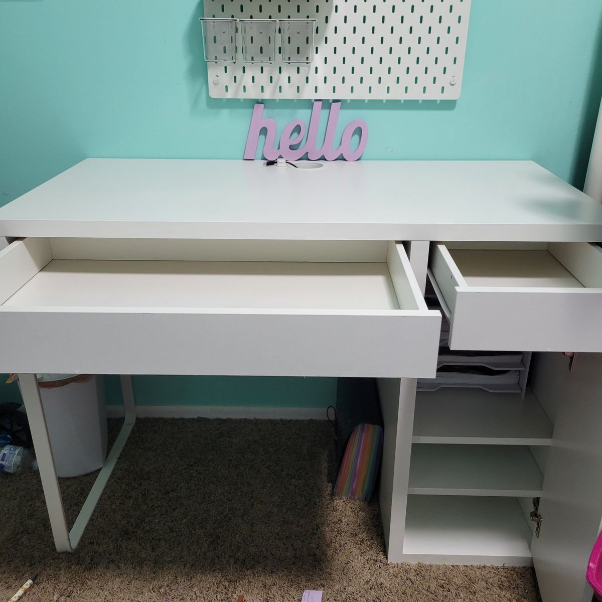 White Modern Computer Desk with Drawers and Cabinet Storage IKEA Micke