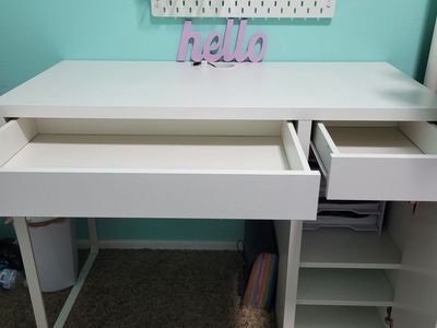 White Modern Computer Desk with Drawers and Cabinet Storage IKEA Micke