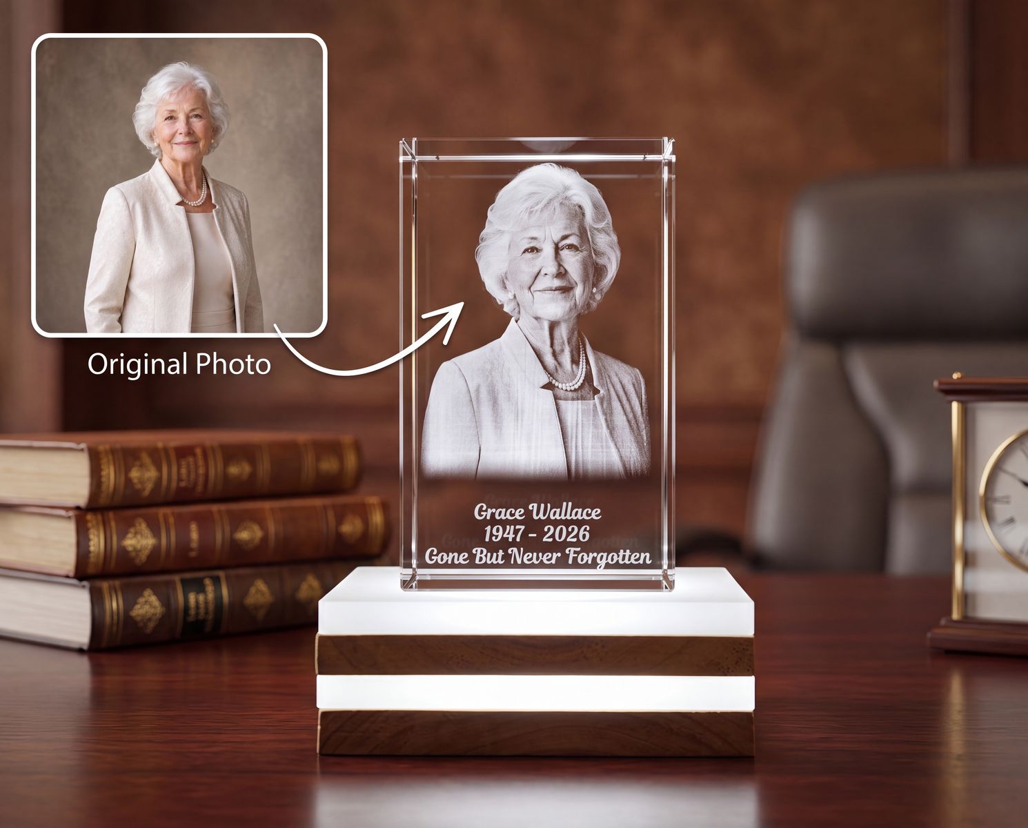 Personalized Memorial Photo Crystal with LED Light Base