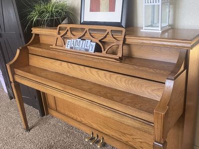 Oak Upright Piano with Decorative Music Stand - Vintage Wood Finish, Excellent Condition