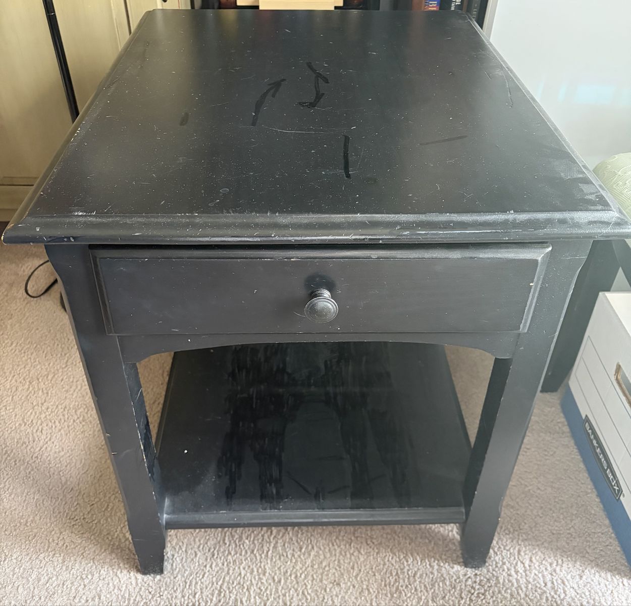 Black Wood End Table with Drawer and Lower Shelf