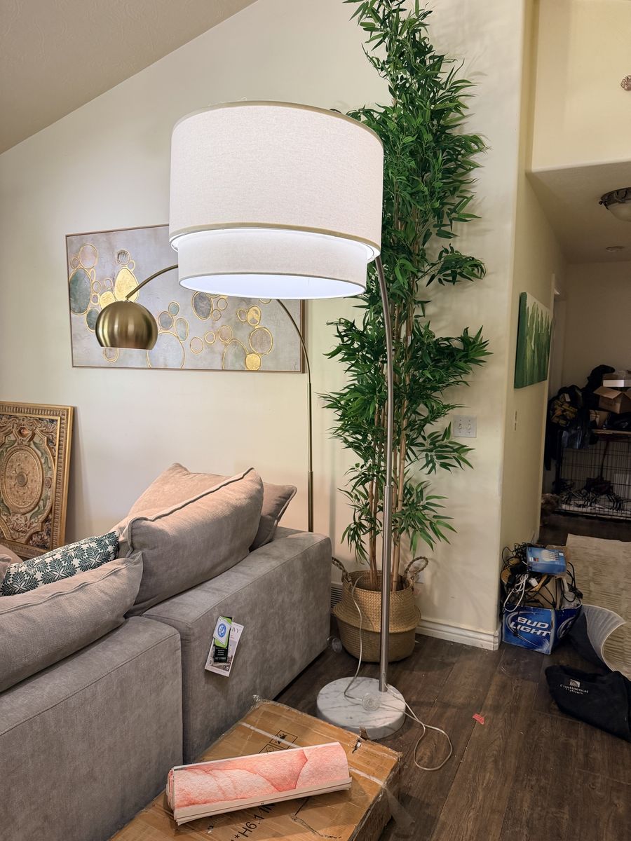 Large Arc Floor Lamp with Marble Base & Double-Tiered Drum Shade - Modern Design, Brushed Nickel Accents