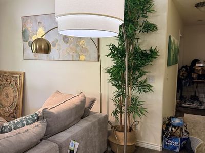 Large Arc Floor Lamp with Marble Base & Double-Tiered Drum Shade - Modern Design, Brushed Nickel Accents