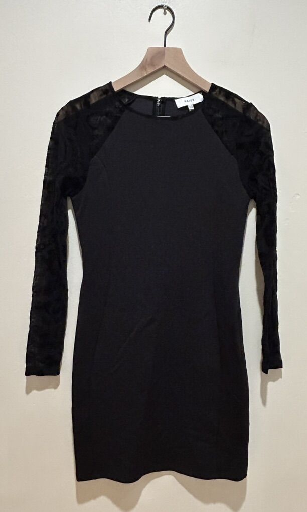 Reiss Black Bodycon Mesh Design Long Sleeve Dress