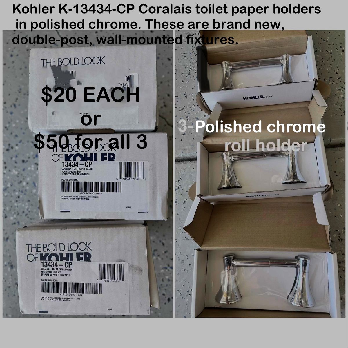 Kohler K-13434-CP Coralais Polished Chrome Double Post Wall-Mounted Toilet Paper Holders (3)