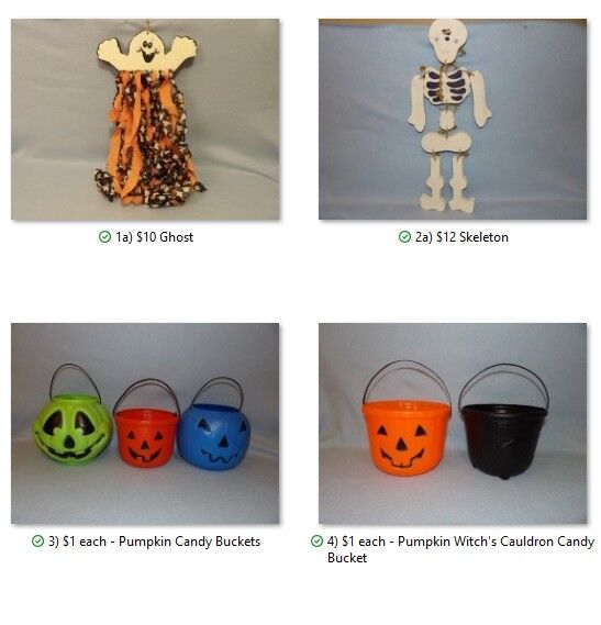 Halloween Decorations (Wooden Tole Painted Ghost & Skeleton) & Pumpkin Candy Buckets