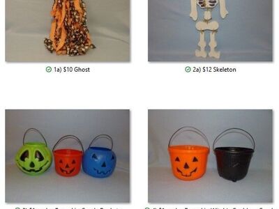 Halloween Decorations (Wooden Tole Painted Ghost & Skeleton) & Pumpkin Candy Buckets