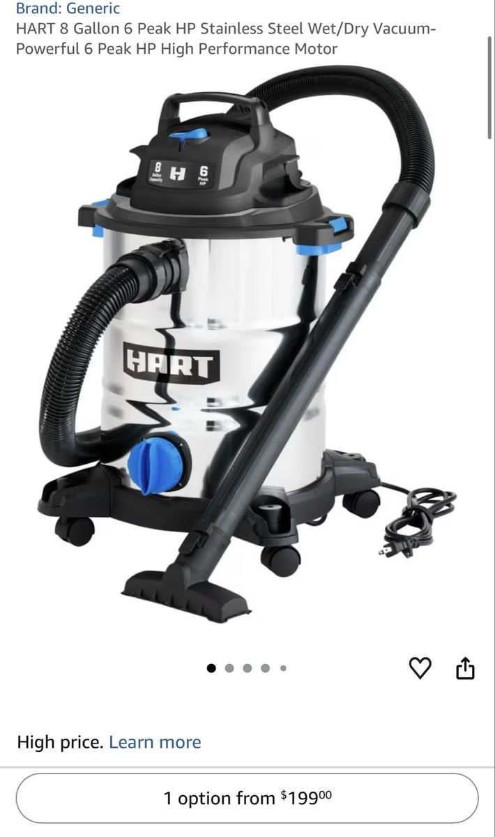 HART 8 Gallon 6 Peak HP Stainless Steel Wet/Dry Shop Vacuum - Powerful Motor