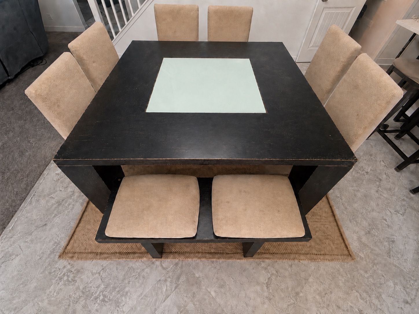 Large Heavy-Duty Dark Wood Dining Table with 4 Chairs and 2 Benches - Refinishing Needed