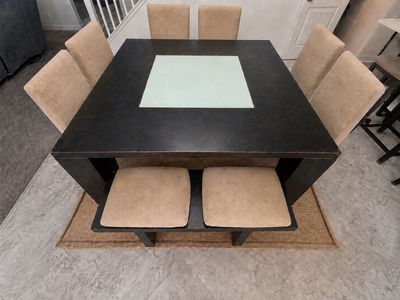 Large Heavy-Duty Dark Wood Dining Table with 4 Chairs and 2 Benches - Refinishing Needed