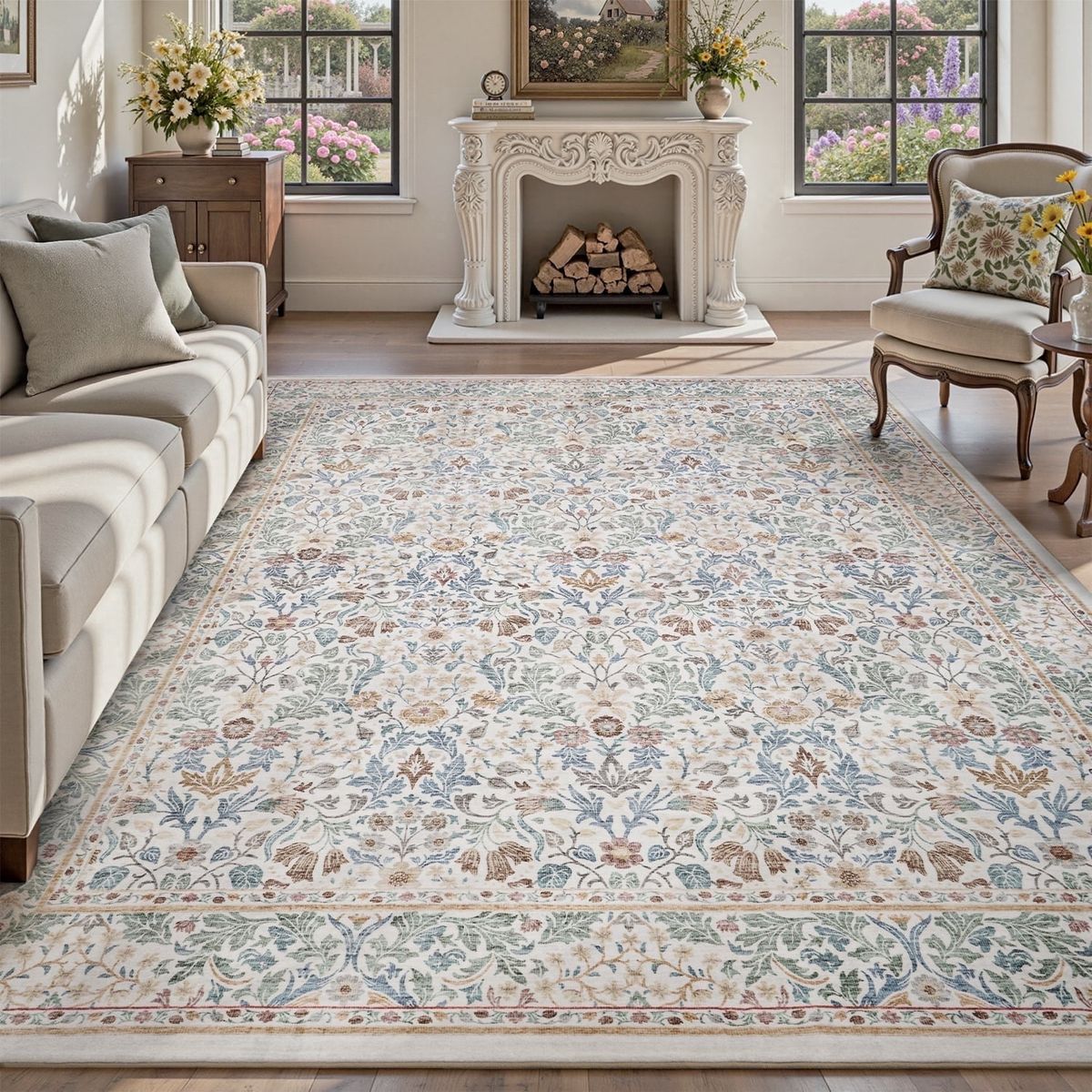 NEW 8'x10' Floral Area Rug for Living Room, Washable Soft Non-Slip Traditional Carpet, Beige Botanical Rug