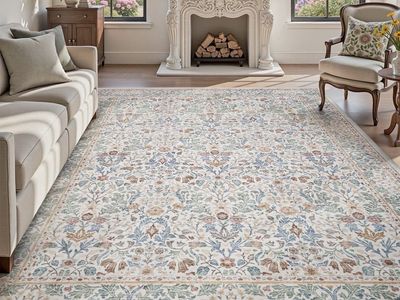 NEW 8'x10' Floral Area Rug for Living Room, Washable Soft Non-Slip Traditional Carpet, Beige Botanical Rug