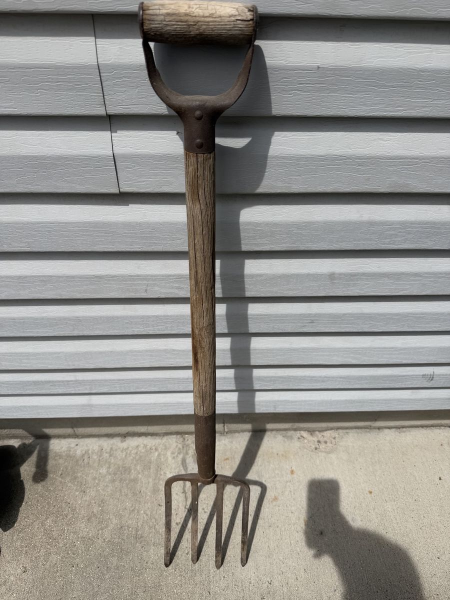 Vintage Garden Fork Cultivator Hand Tool 4-Tine Wood Handle
