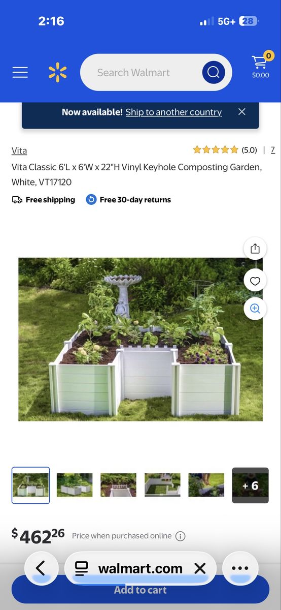Vita Classic 6'x6'x22" White Vinyl Keyhole Composting Raised Garden Bed VT17120